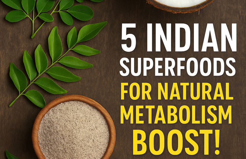 Top-down photo of vibrant Indian superfoods like moringa leaves, coconut water, curry leaves, ragi flour, and garlic, highlighting their metabolism-boosting benefits