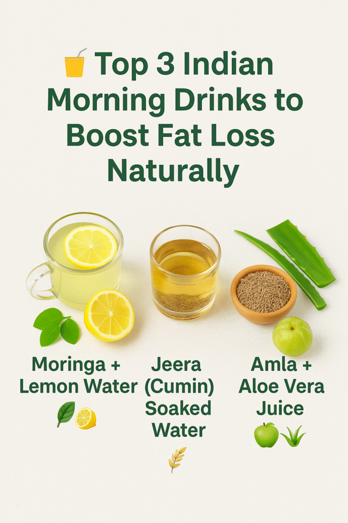 Top 3 Indian morning drinks for fat loss – Moringa lemon water, jeera water, and amla aloe vera juice