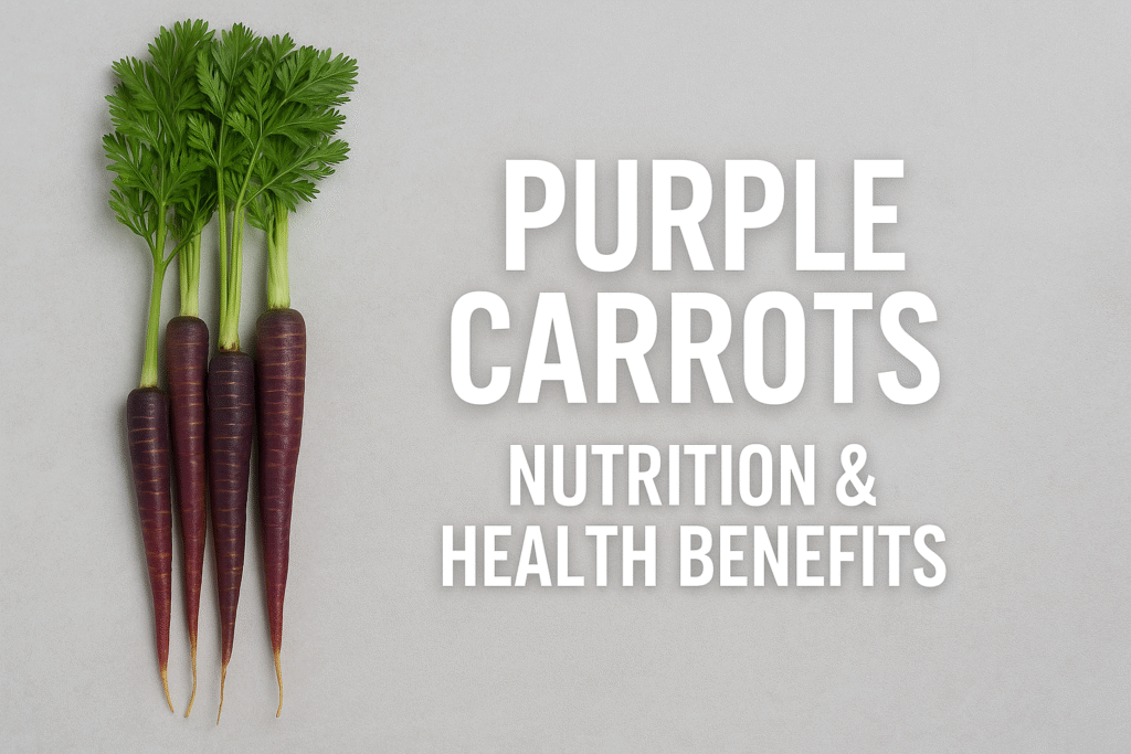 Four fresh purple carrots with vibrant green tops placed on a light gray background, showcasing their health and nutrition benefits.