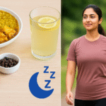 A woman walking after a meal in a natural setting, next to a high-protein Indian meal and fat-burning foods like paneer, dal, and jeera water—representing simple ways to burn fat naturally.