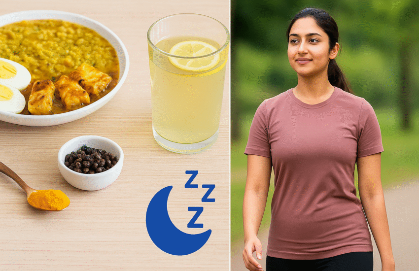 A woman walking after a meal in a natural setting, next to a high-protein Indian meal and fat-burning foods like paneer, dal, and jeera water—representing simple ways to burn fat naturally.
