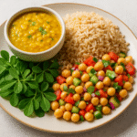 Healthy Indian plate with low-GI foods like dal, brown rice, chickpeas, and fenugreek leaves for fat loss and diabetes control.
