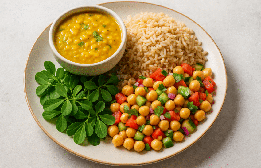 Healthy Indian plate with low-GI foods like dal, brown rice, chickpeas, and fenugreek leaves for fat loss and diabetes control.